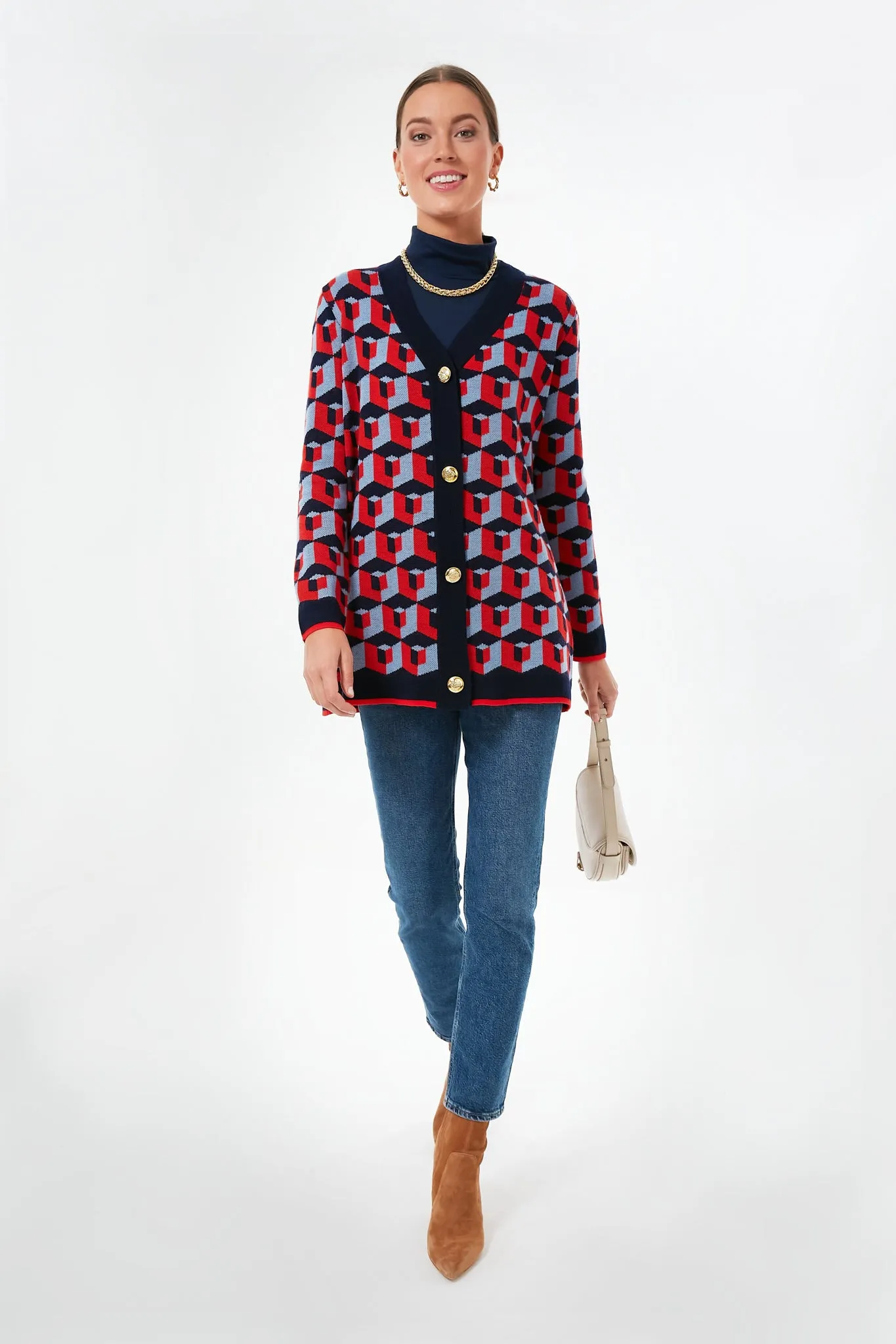 Navy and Red Geometric Lauren Cardigan