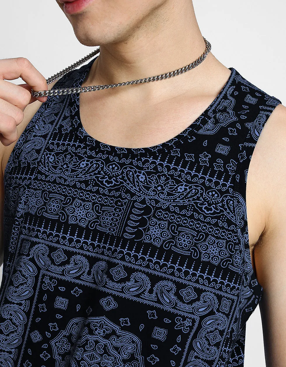 Navy Bandhana Printed Gym Vest