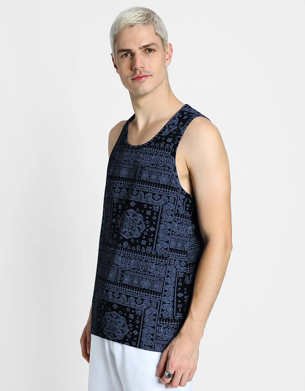 Navy Bandhana Printed Gym Vest
