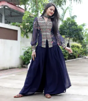 Navy Blue Sharara Suit Set with a Stylish Jacket