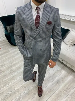 Navy Blue Slim Fit Peak Lapel Double Breasted Striped Suit by GentWith