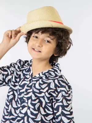 Navy Feather Printed Cuban Collar Half Sleeve Casual Shirt