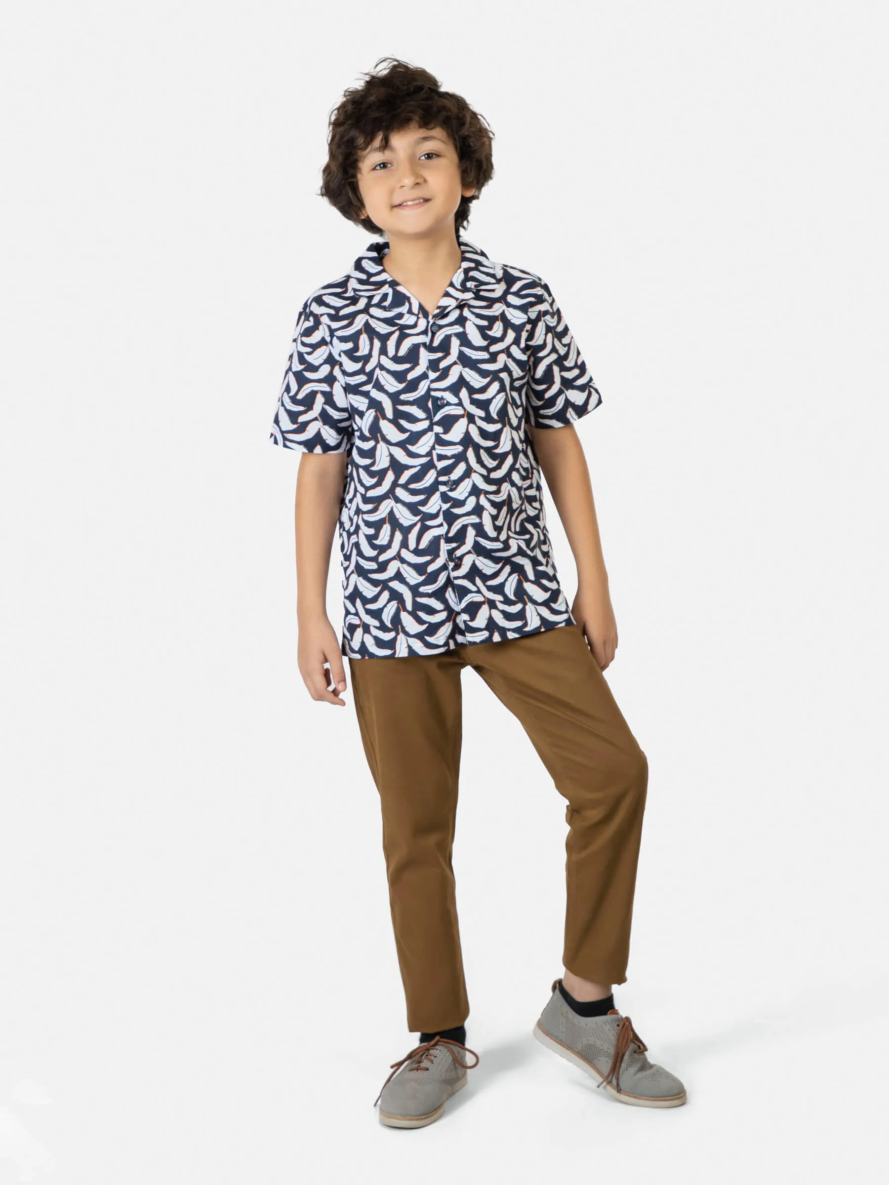 Navy Feather Printed Cuban Collar Half Sleeve Casual Shirt