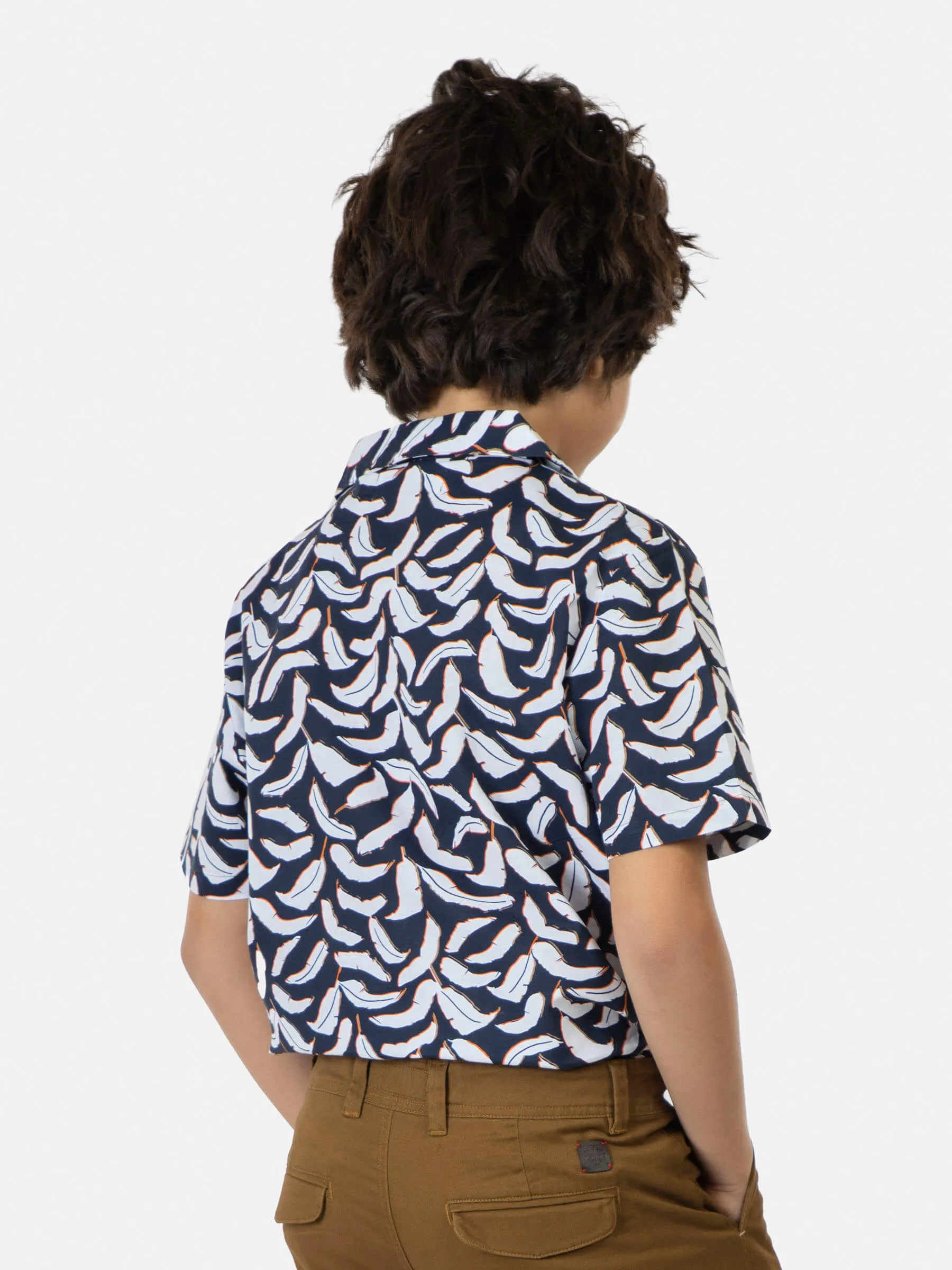 Navy Feather Printed Cuban Collar Half Sleeve Casual Shirt
