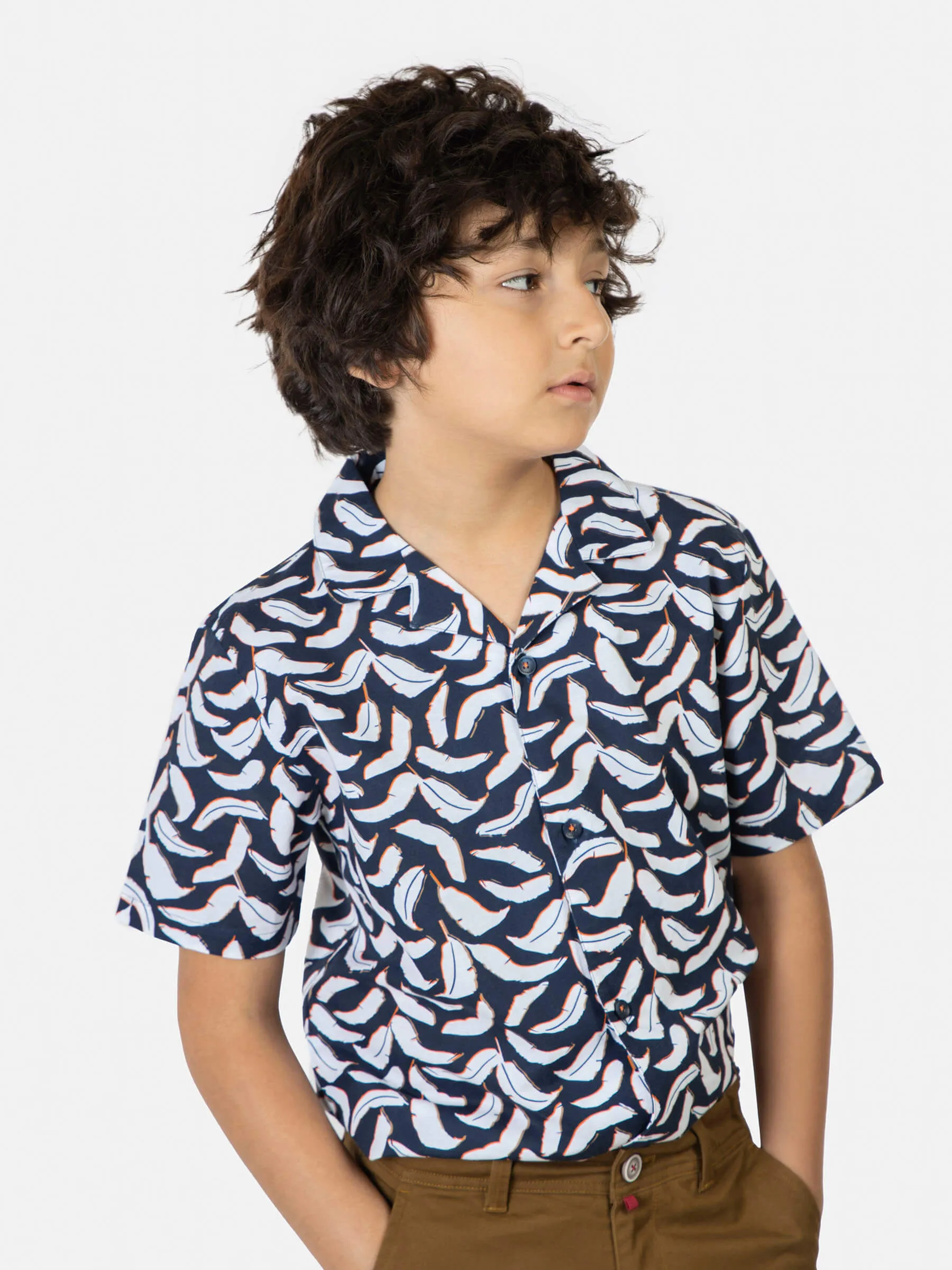 Navy Feather Printed Cuban Collar Half Sleeve Casual Shirt