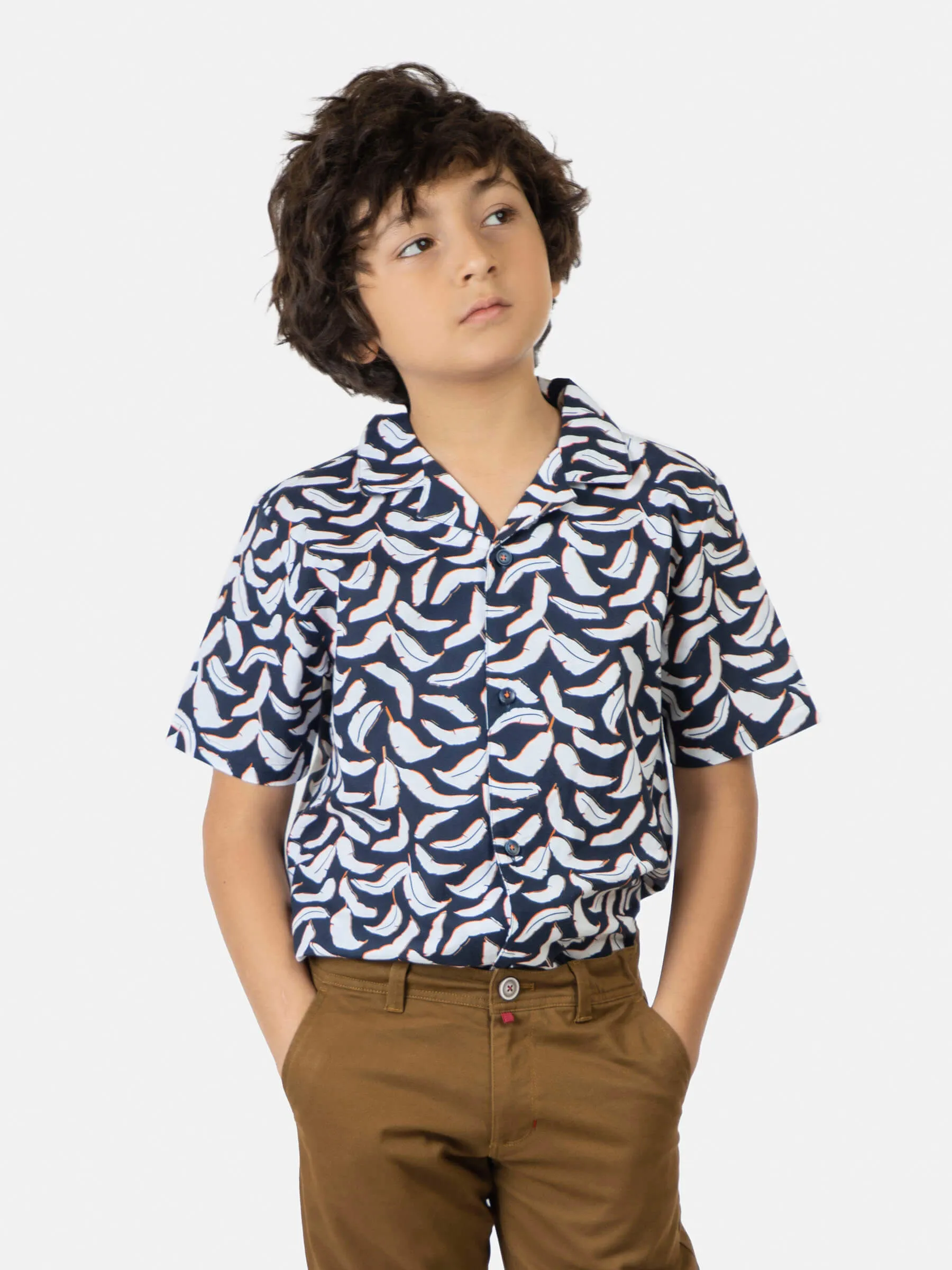 Navy Feather Printed Cuban Collar Half Sleeve Casual Shirt