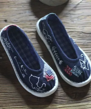 Navy Flat Feet Shoes Cotton Fabric Comfortable Splicing Cartoon Embroidery LY4354