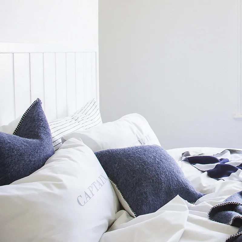 NAVY MERINO WOOL BLEND CUSHION WITH LEATHER 45cm x 45cm