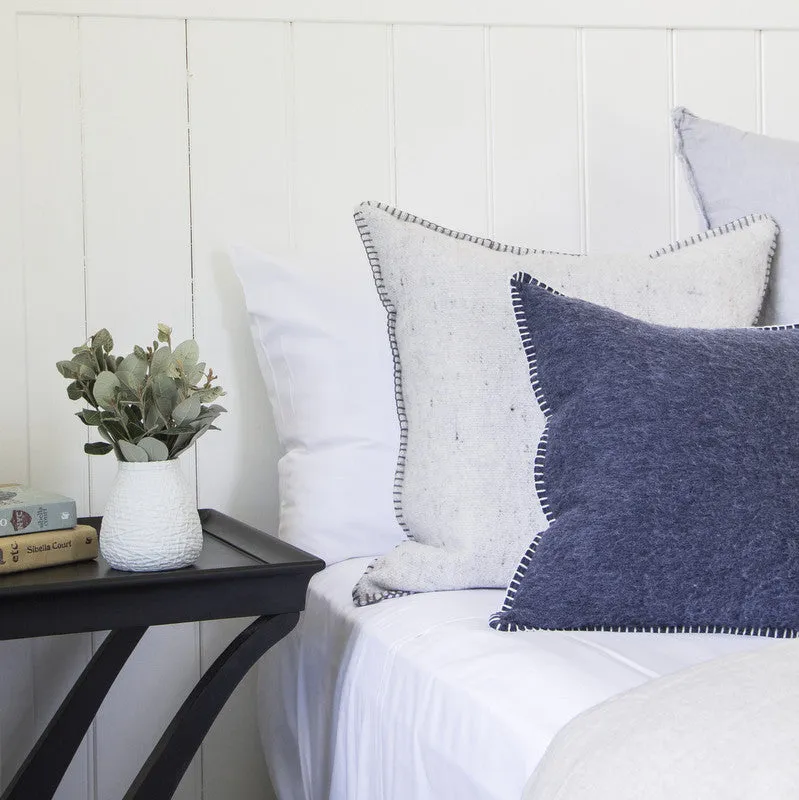 NAVY MERINO WOOL BLEND CUSHION WITH LEATHER 45cm x 45cm