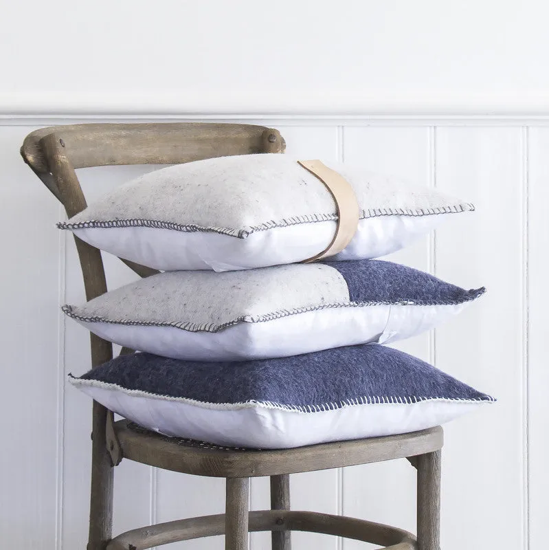 NAVY MERINO WOOL BLEND CUSHION WITH LEATHER 45cm x 45cm