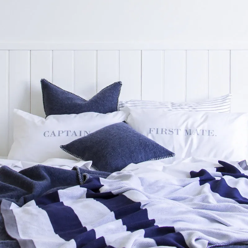 NAVY MERINO WOOL BLEND CUSHION WITH LEATHER 45cm x 45cm