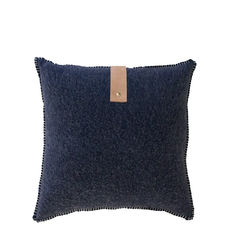 NAVY MERINO WOOL BLEND CUSHION WITH LEATHER 45cm x 45cm