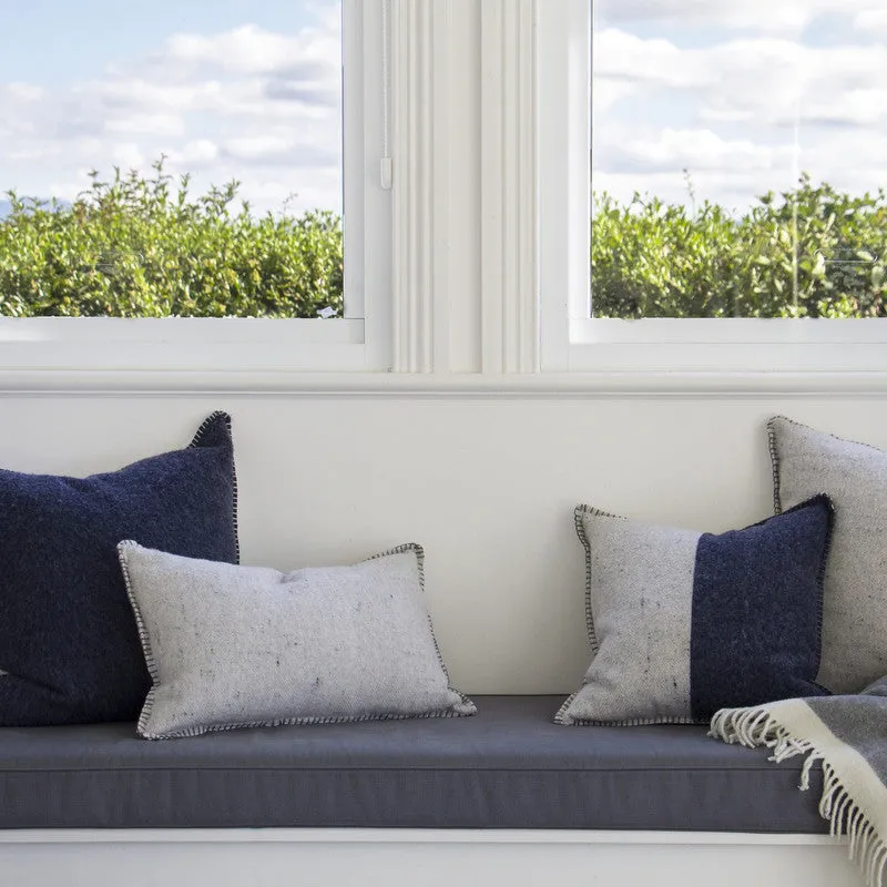 NAVY MERINO WOOL BLEND CUSHION WITH LEATHER 45cm x 45cm