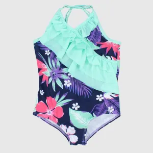 Navy/Mint Green Flowery One-Piece Swim Suit