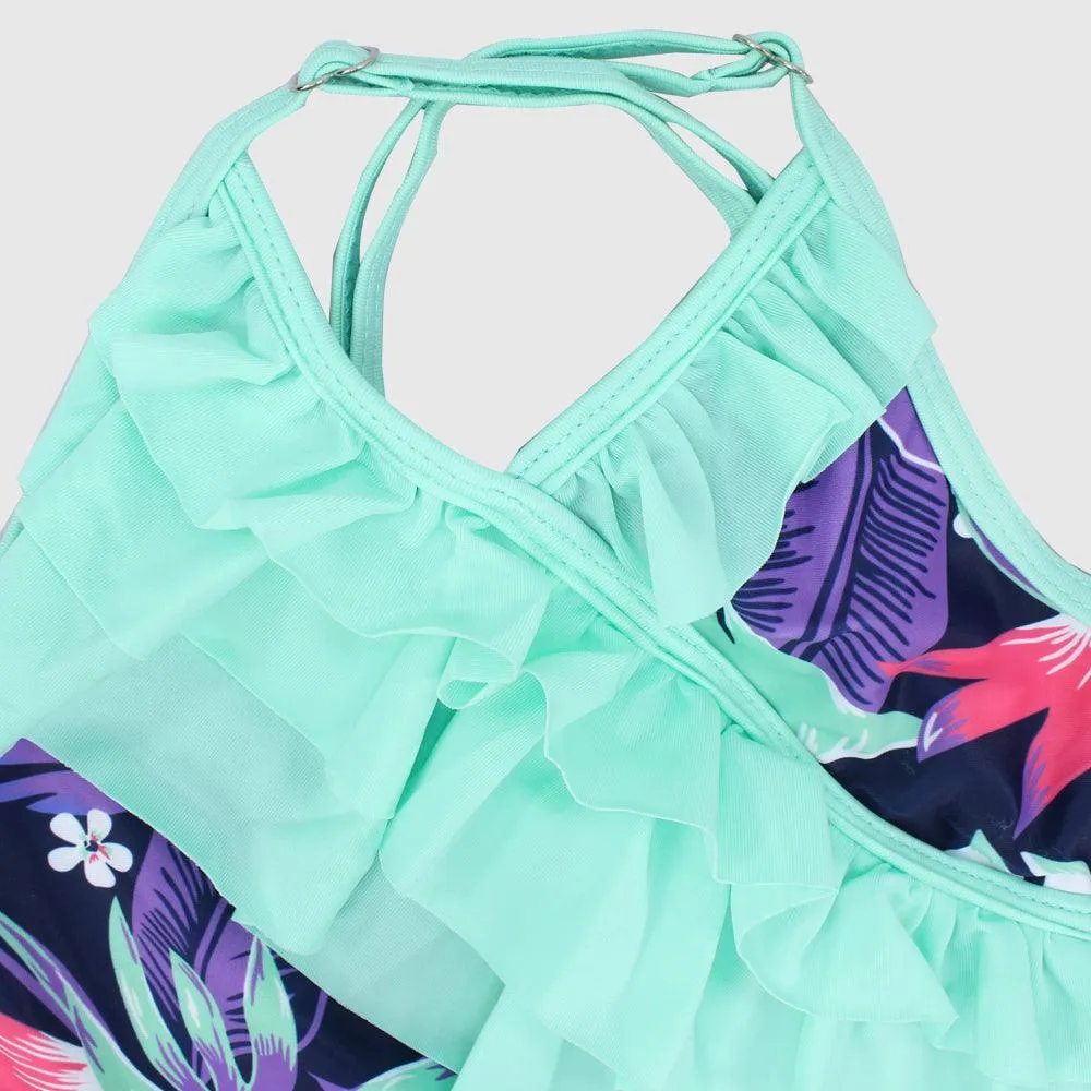 Navy/Mint Green Flowery One-Piece Swim Suit