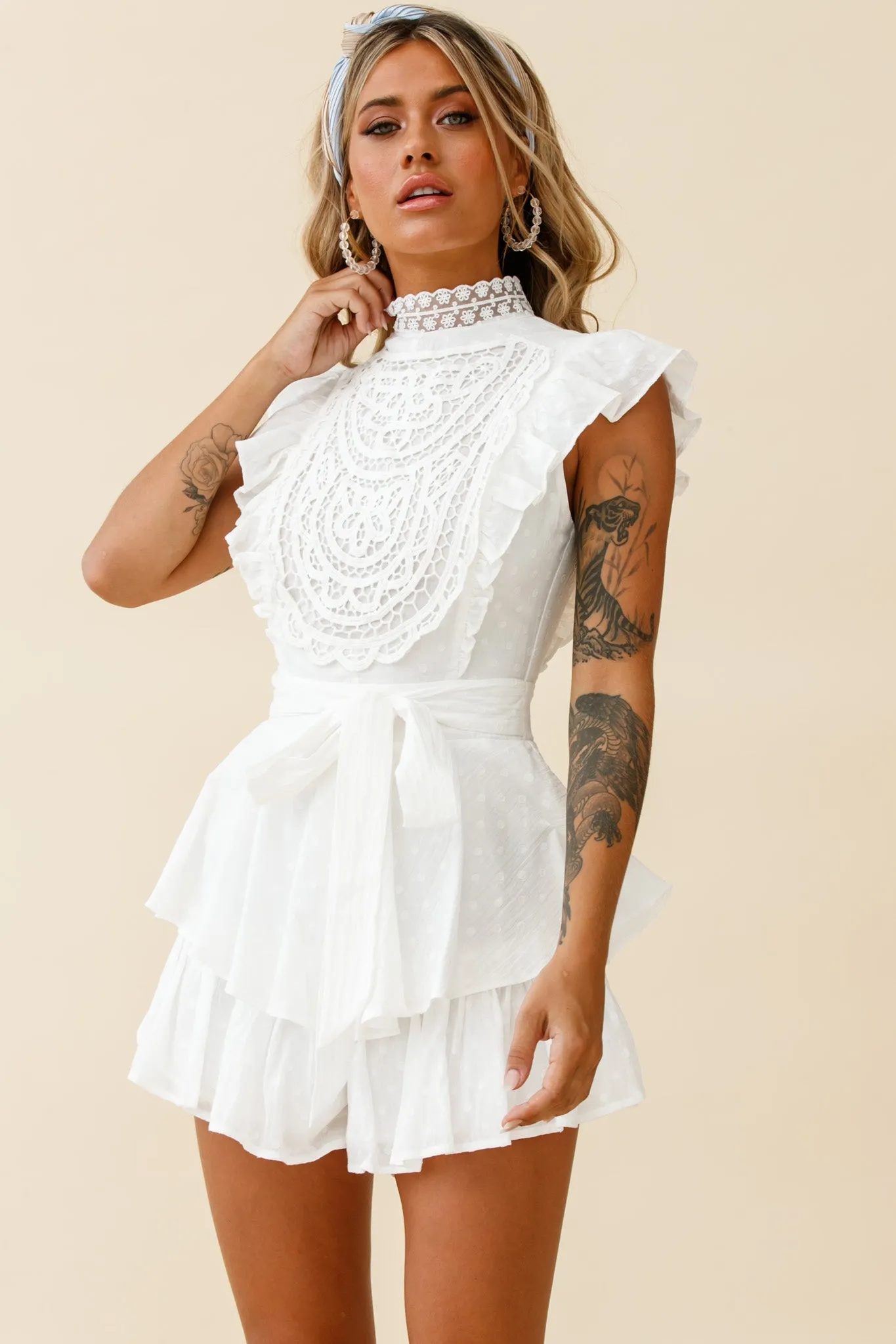 Nellie Lace Bust High Neck Romper White