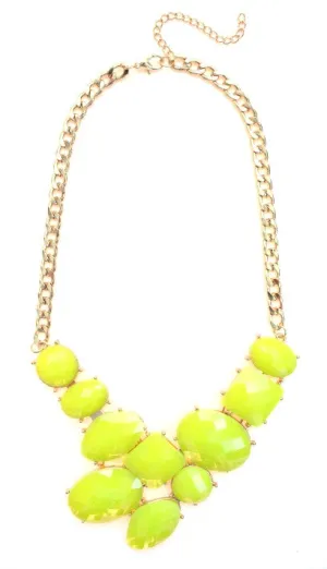 Neon Jeweled Gemstone Statement Necklace- Neon Lime