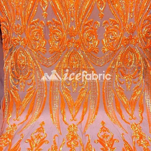 Neon Orange Geometric Sequin Fabric _ Embroidered 4 Way Stretch Mesh