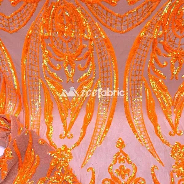 Neon Orange Geometric Sequin Fabric _ Embroidered 4 Way Stretch Mesh