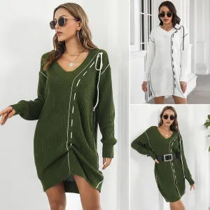 New Autumn Design Sense Knitted Drawstring V-Neck Long Sleeve Sweater Dress