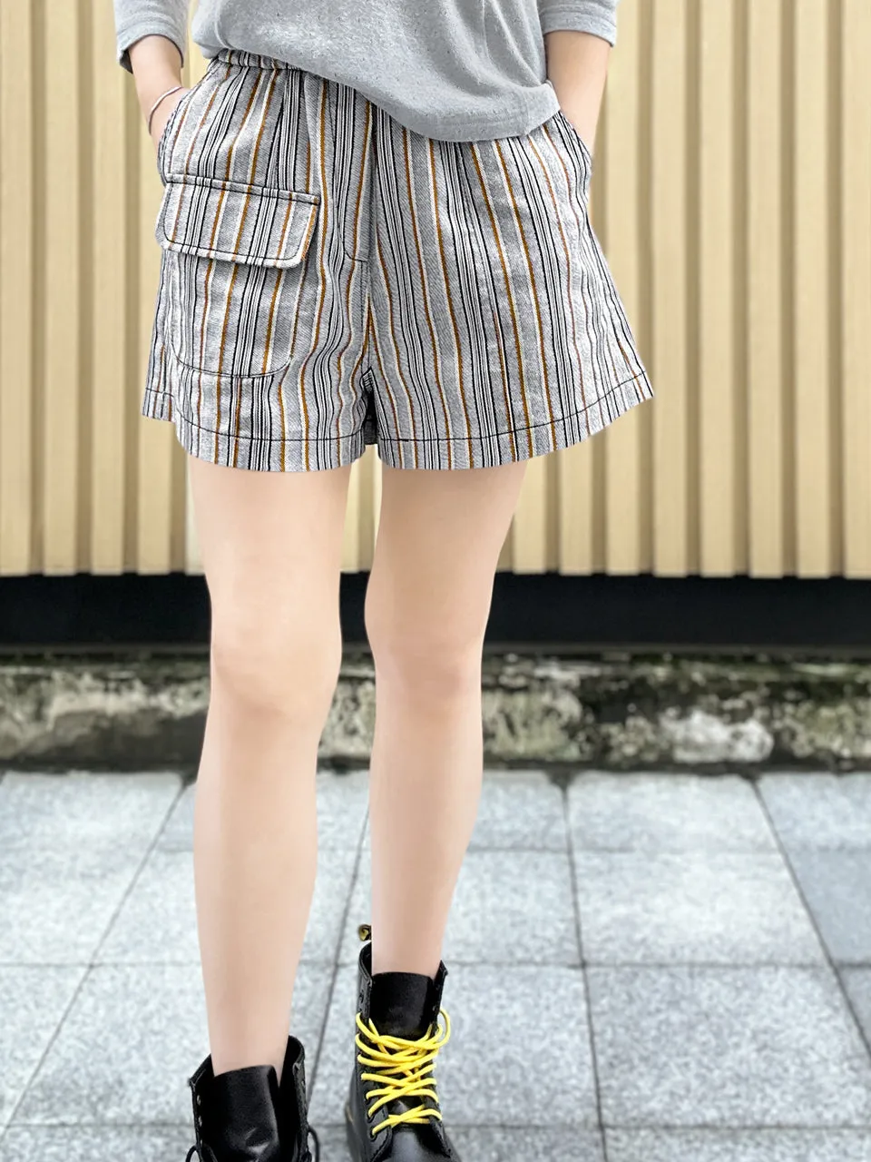 New Colour! Striped Contrast Stitch Patch Pocket A-line Twill Shorts