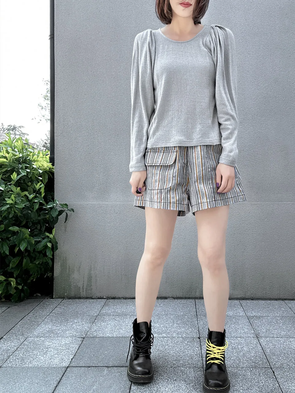 New Colour! Striped Contrast Stitch Patch Pocket A-line Twill Shorts