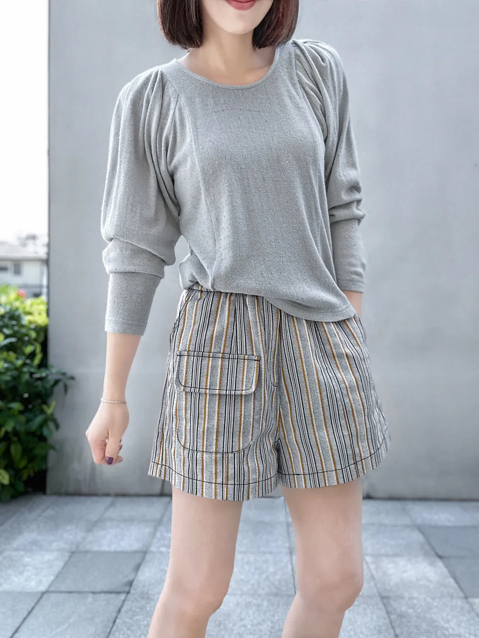 New Colour! Striped Contrast Stitch Patch Pocket A-line Twill Shorts