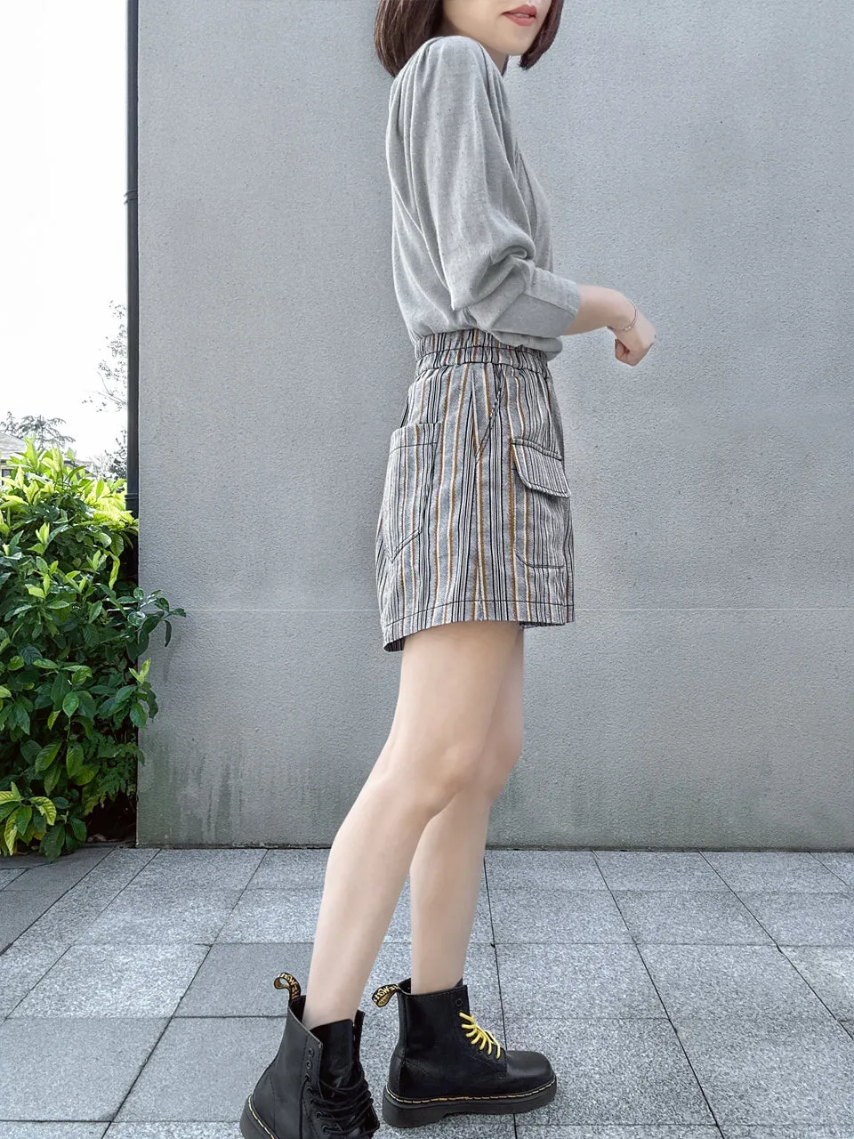 New Colour! Striped Contrast Stitch Patch Pocket A-line Twill Shorts