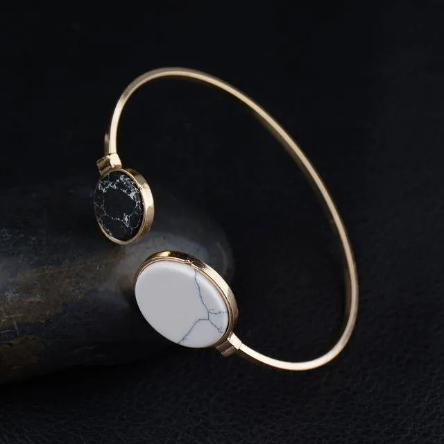New Gold Tone Punk Trendy Marbleized Stone Cuff Bangle Bracelet