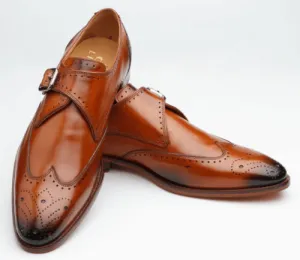 New Handmade Men's Monk Buckle Strap Brogue Burnished Toe Brown Leather Shoes