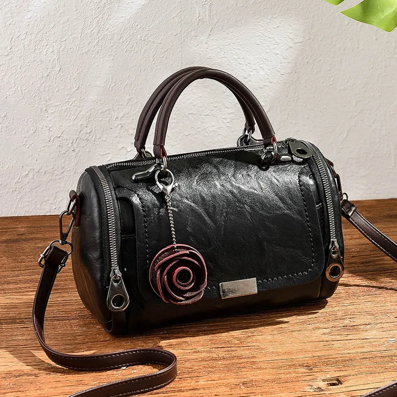 New solid color retro pillow bag women's bag small flower pendant style crossbody shoulder bag