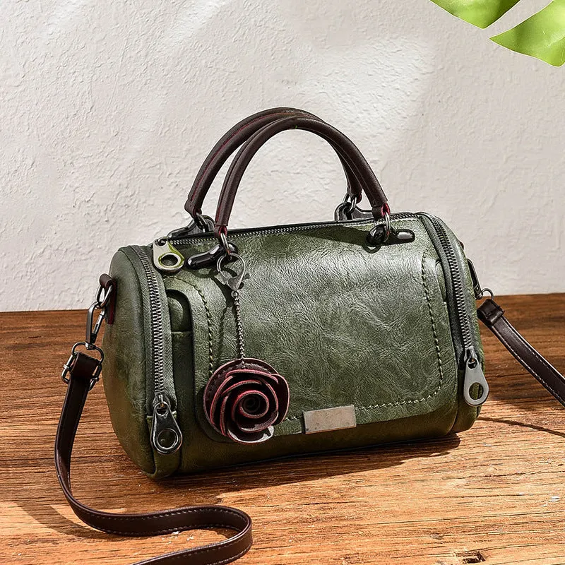 New solid color retro pillow bag women's bag small flower pendant style crossbody shoulder bag