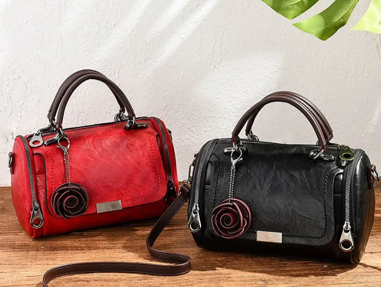 New solid color retro pillow bag women's bag small flower pendant style crossbody shoulder bag