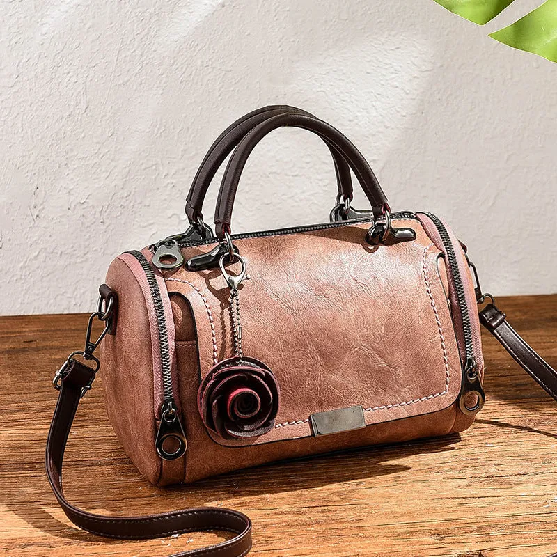 New solid color retro pillow bag women's bag small flower pendant style crossbody shoulder bag