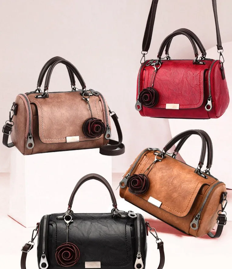 New solid color retro pillow bag women's bag small flower pendant style crossbody shoulder bag