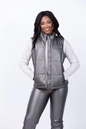 Nic   Zoe Metallic Faux Leather Puffer Vest in Bronze