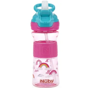Nuby Thirsty Kids Push Button Flip-it Soft Spout on The Go Water Bottle with Easy Grip Band, Pink Rainbow, 12 Oz