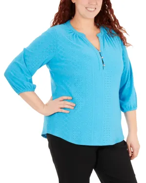 NY Collection Women's Plus 3/4 Sleeve Mandarin Collar Top Blue Size 2X | Blue