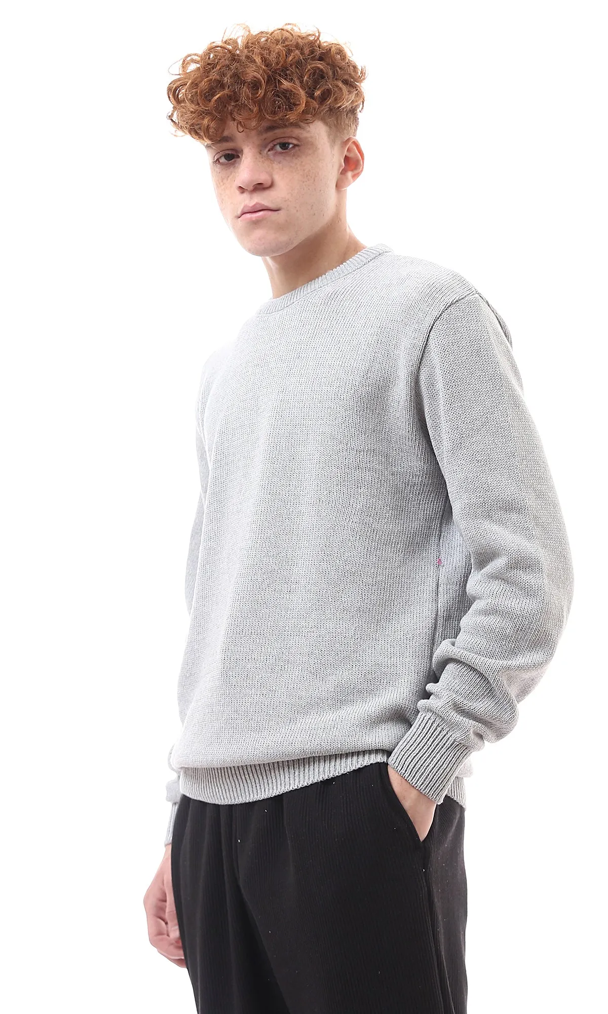O174208 Regular Fit Slip On Light Grey Pullover With Hem