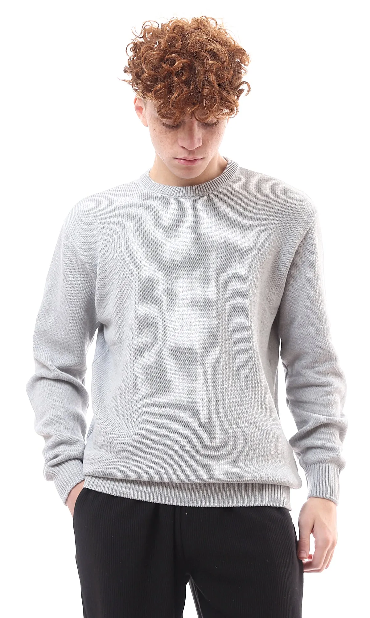 O174208 Regular Fit Slip On Light Grey Pullover With Hem