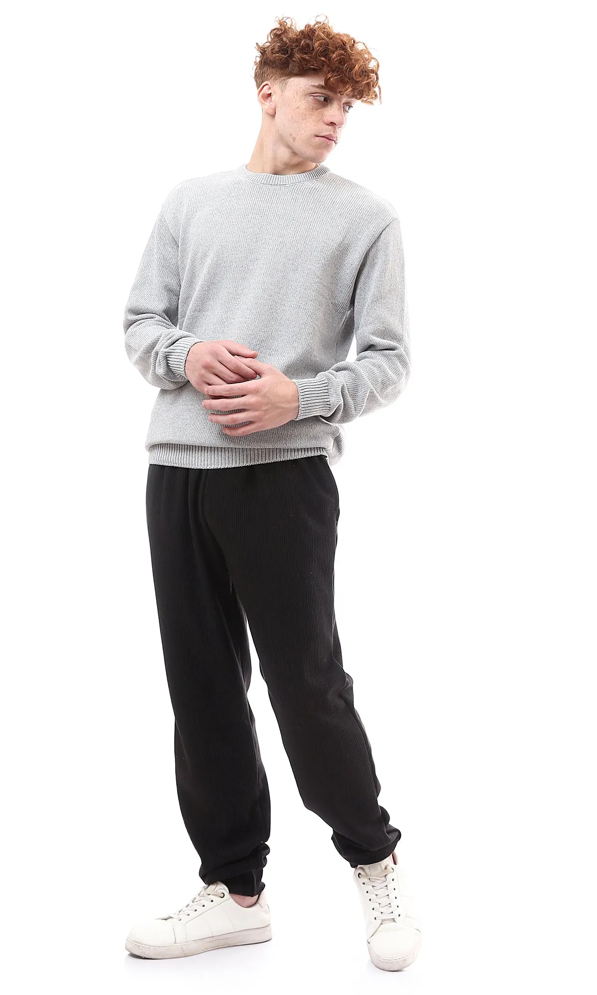 O174208 Regular Fit Slip On Light Grey Pullover With Hem