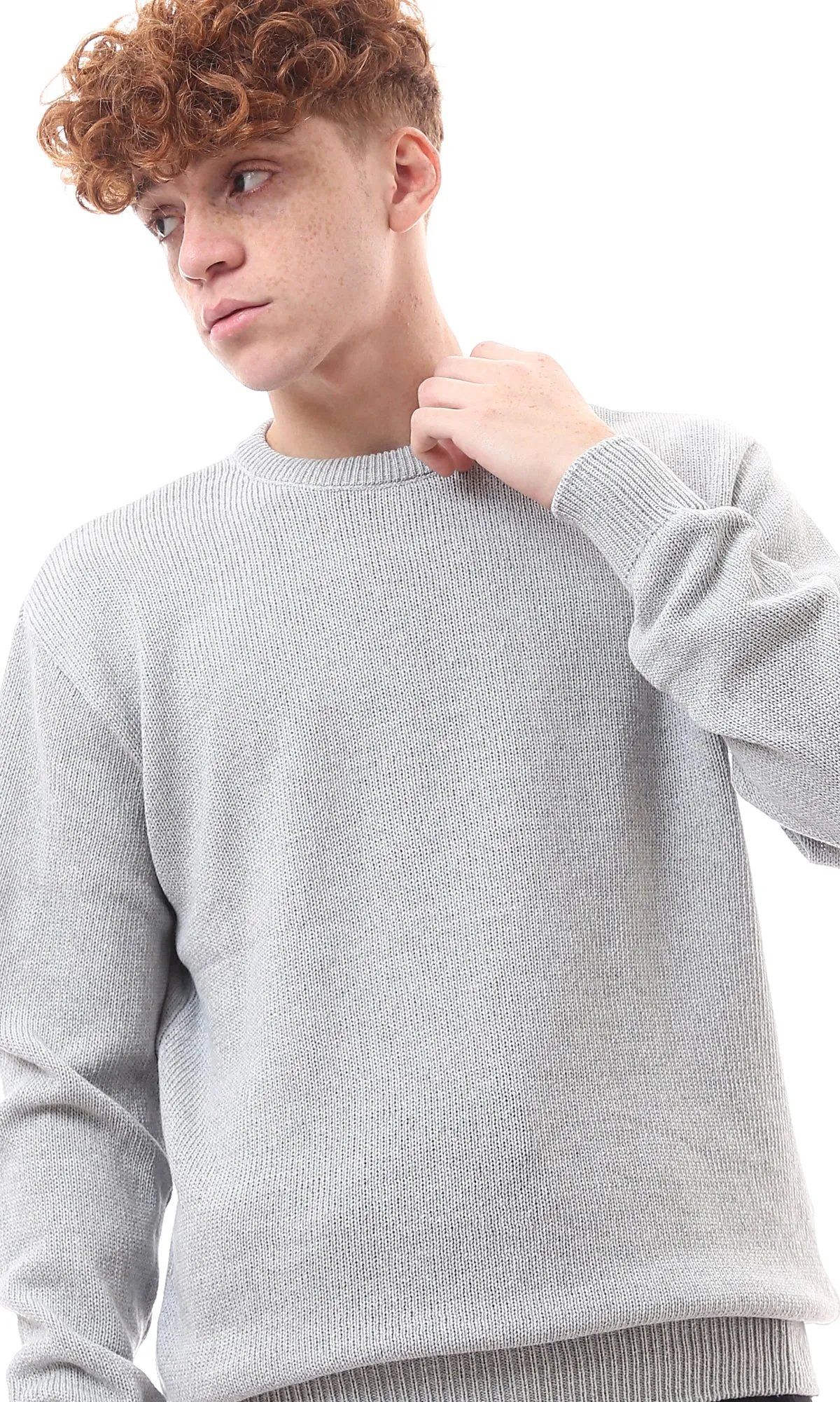 O174208 Regular Fit Slip On Light Grey Pullover With Hem