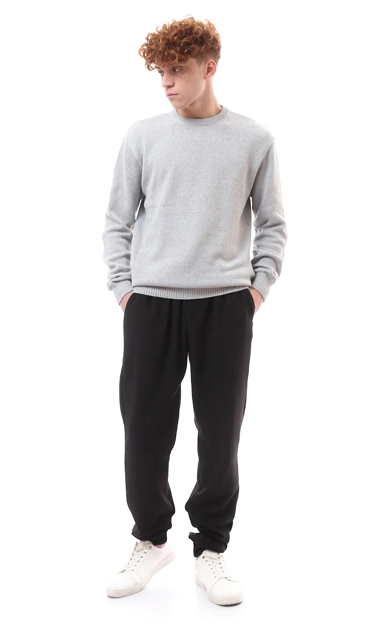O174208 Regular Fit Slip On Light Grey Pullover With Hem