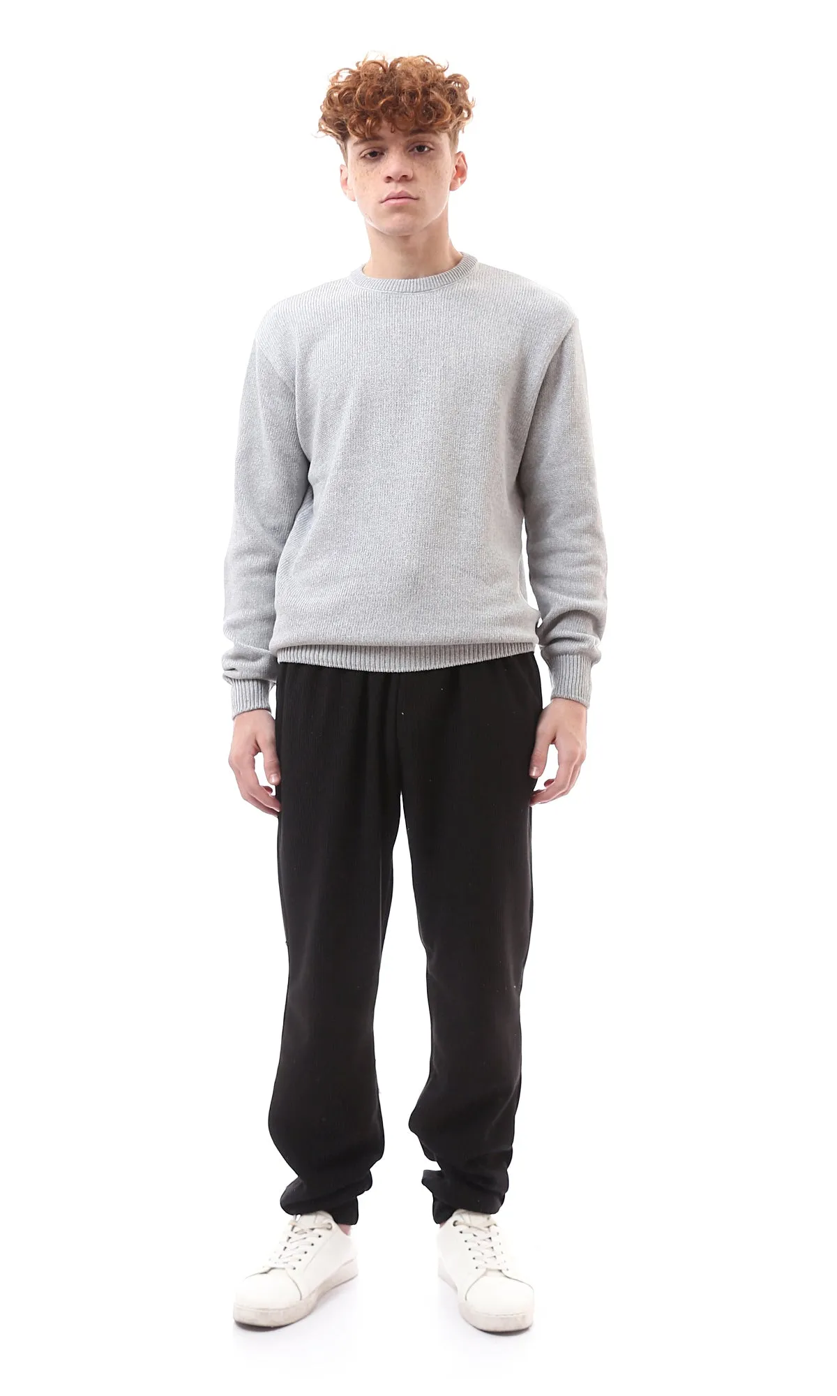 O174208 Regular Fit Slip On Light Grey Pullover With Hem