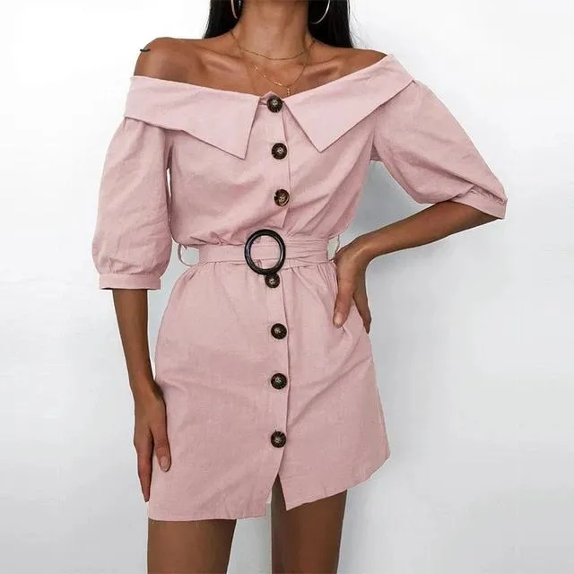 Off Shoulder Summer Sexy Single Breasted Mini Office Dress