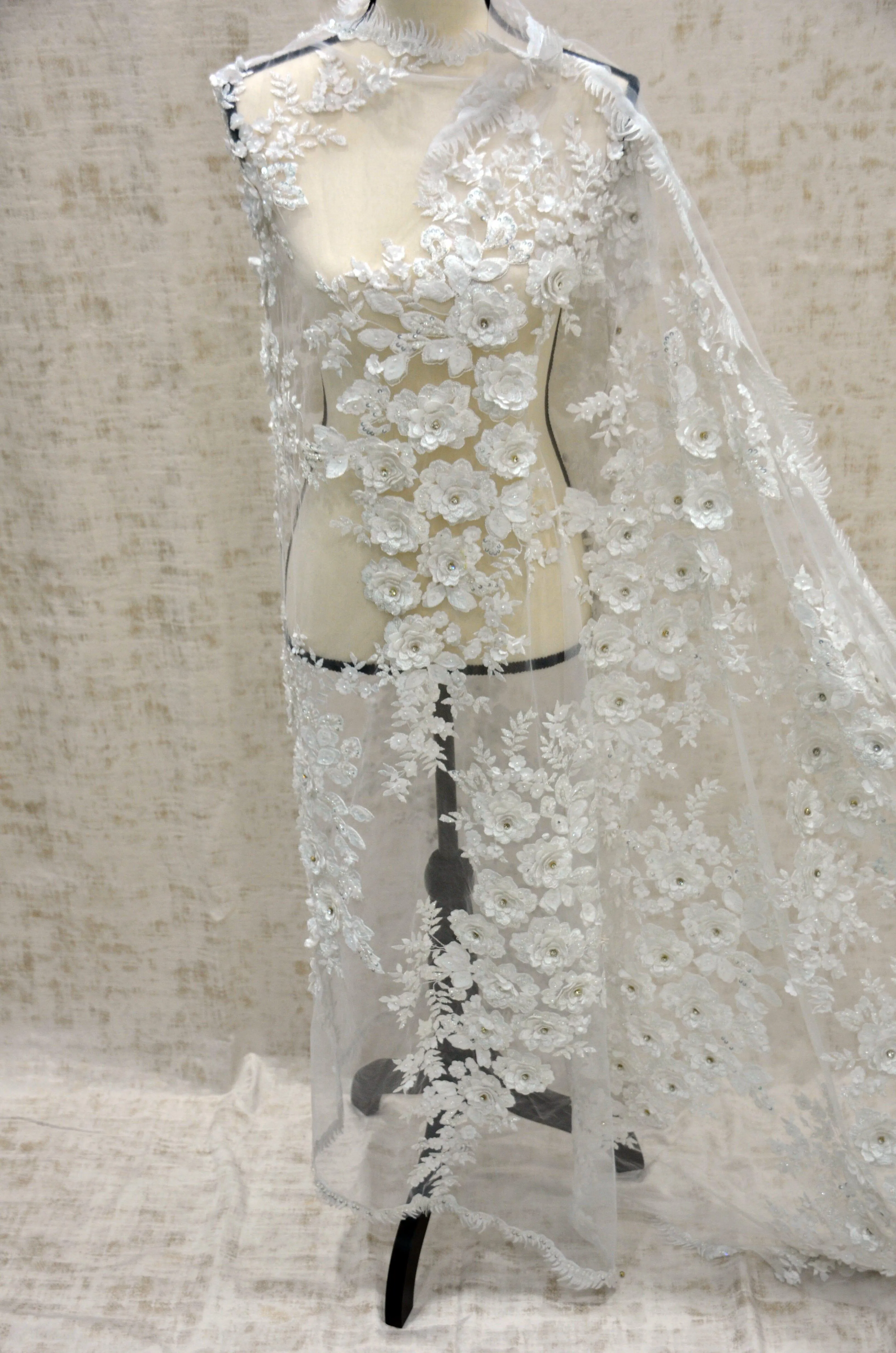 Off White Bridal Lace Fabric | EA2581 | Off White Embroidery Lace Fabric | 50" Wide | Wedding Beaded Lace Fabric |