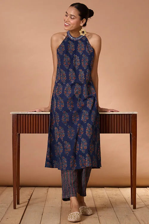 Okhai "Evening Lily" Hand Embroidered and Mirrorwork Handblock Printed Ajrakh Pure Cotton Kurta Pant Set