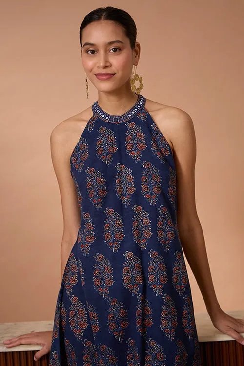 Okhai "Evening Lily" Hand Embroidered and Mirrorwork Handblock Printed Ajrakh Pure Cotton Kurta Pant Set