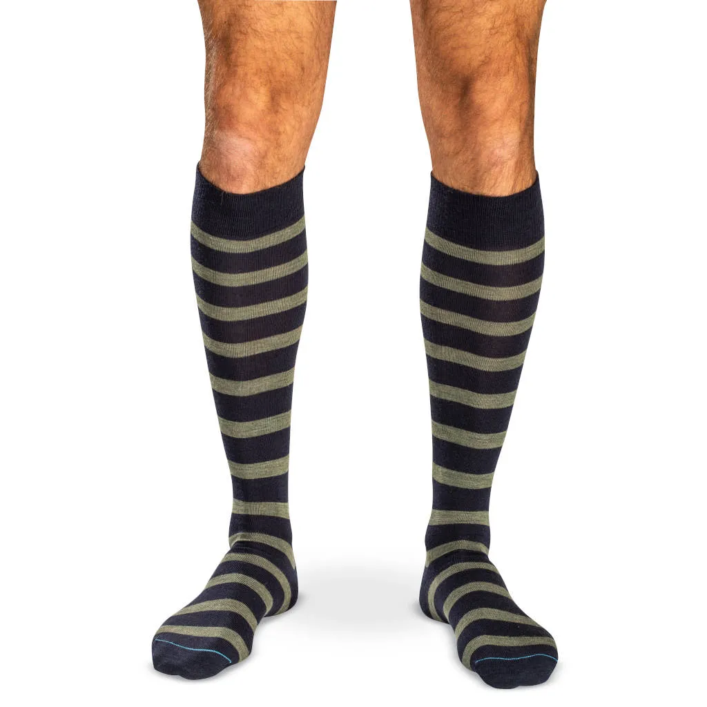 Olive Stripes on Navy Merino Wool Over the Calf Dress Socks
