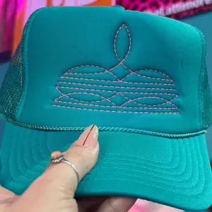Online Exclusive | Hot Pink Boot Stitch Foam Trucker Cap in Solid Jade Blue